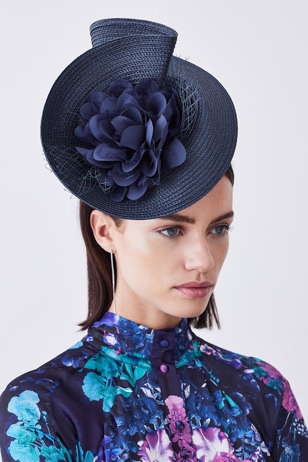 Asymmetric Flower & Feather Fascinator - Navy