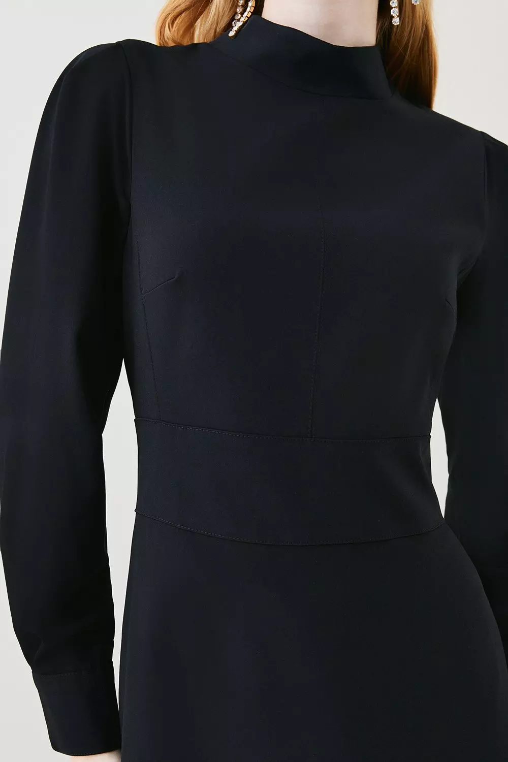 Black Round Elastic Neck 3/4 Shirred Sleeve Mid Length Hi Lo Hem Dress -  Evelie Blu Boutique