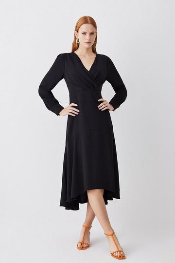 Black Soft Tailored Wrap Sleeved High Low Midi Dress
