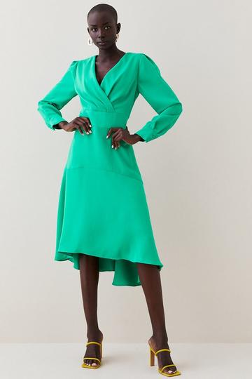 Green Soft Tailored Wrap Sleeved High Low Midi Dress