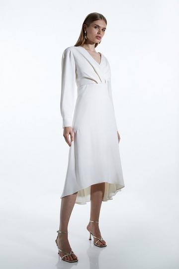 Soft Tailored Wrap Sleeved High Low Midi Dress ivory