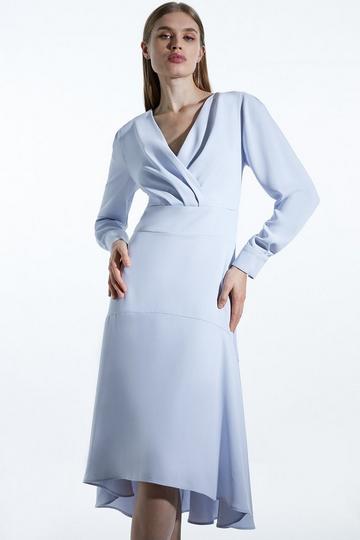 Blue Soft Tailored Wrap Sleeved High Low Midi Dress