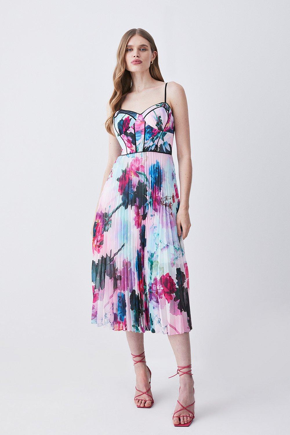Contrast Satin Floral Bustier Woven Midi Dress | Karen Millen