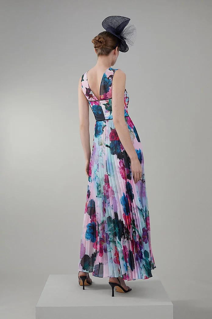 Floral Pleated Corset Woven Maxi Dress With Detachable Cape