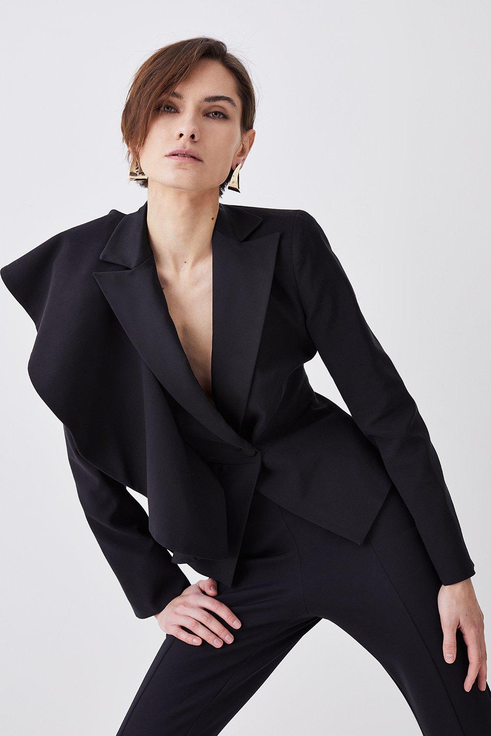 Italian Wool Satin Statement Ruffle Tailored Jacket | Karen Millen