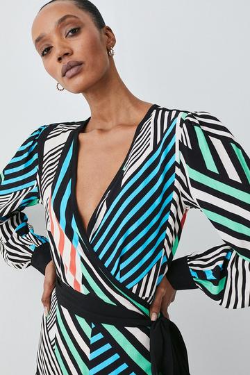 Spliced Stripe Printed Wrap Woven Midi Dress stripe