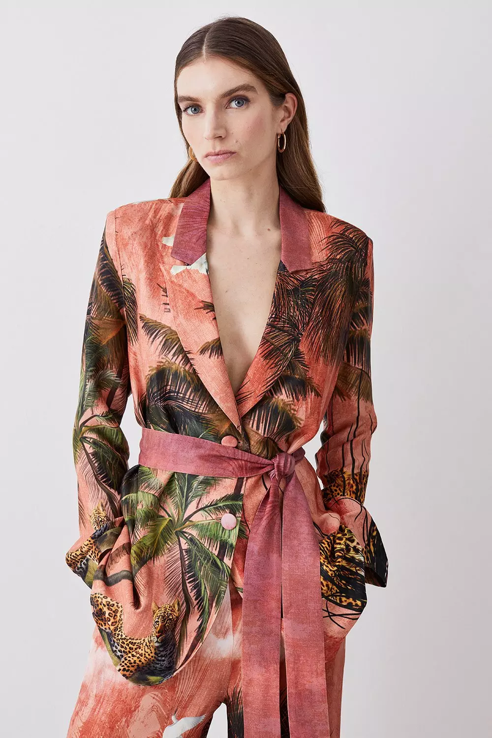 Satin Palm Print Belted Woven Jacket Karen Millen