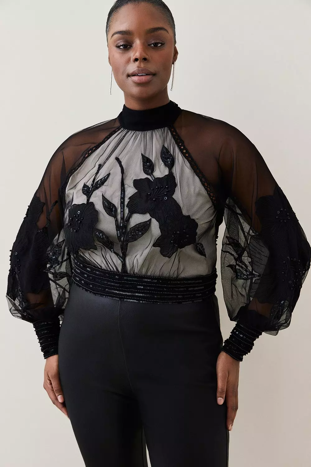 Stylish Plus Size Peplum Top with Mesh Appliques