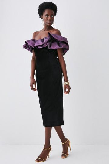 Black Jacquard Contrast Ruffle Bardot Midi Dress
