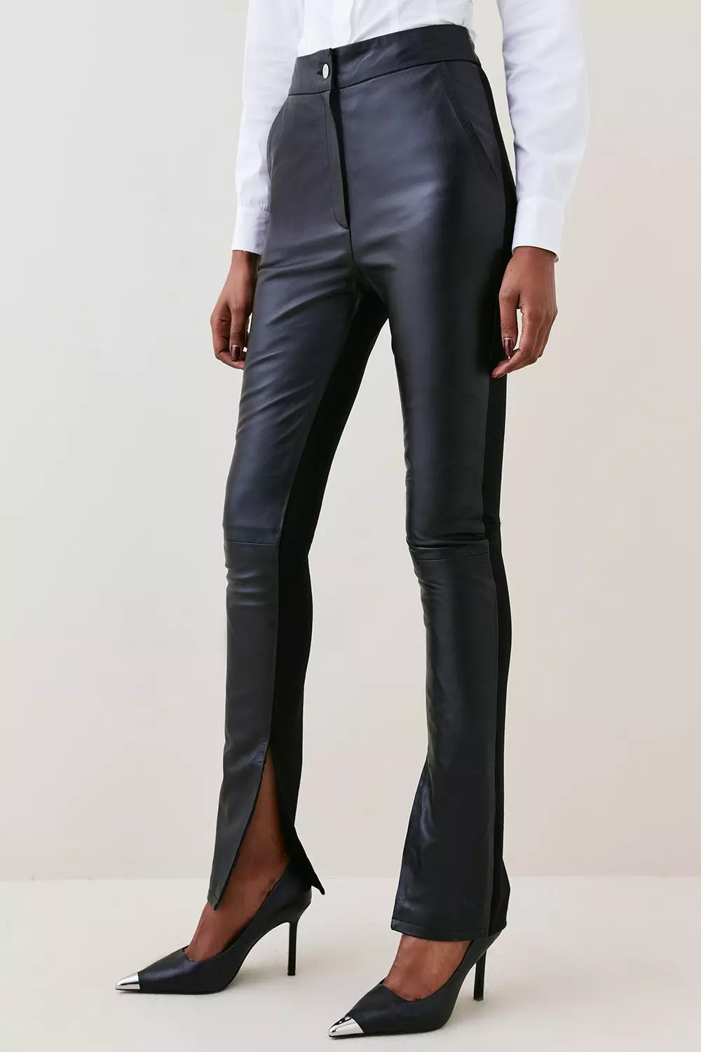Plus Size Leather Pocket Slim Flare Pants | Karen Millen