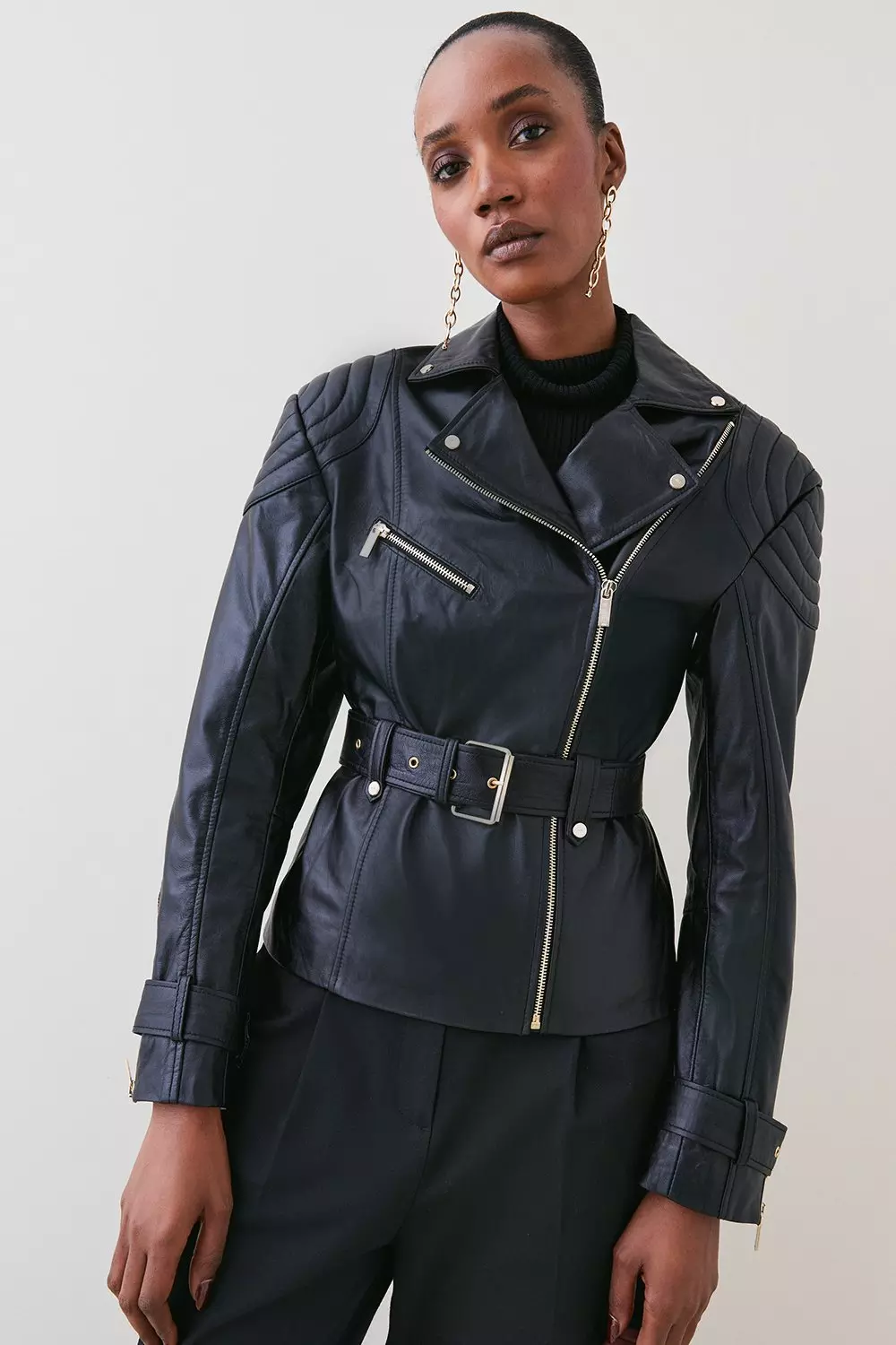 Karen millen leather biker best sale jacket black