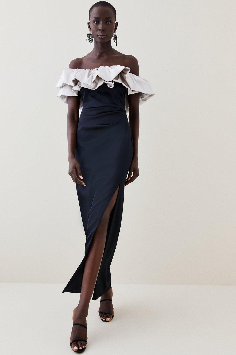 Rabattaktionen Italian Structured Maxi Ruffle Millen Dress Shoulder | Satin Off The Karen