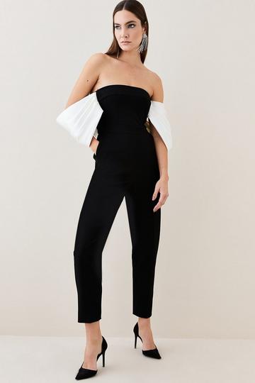 Structured Crepe Bardot Structured Satin Bow Back Jumpsuit black