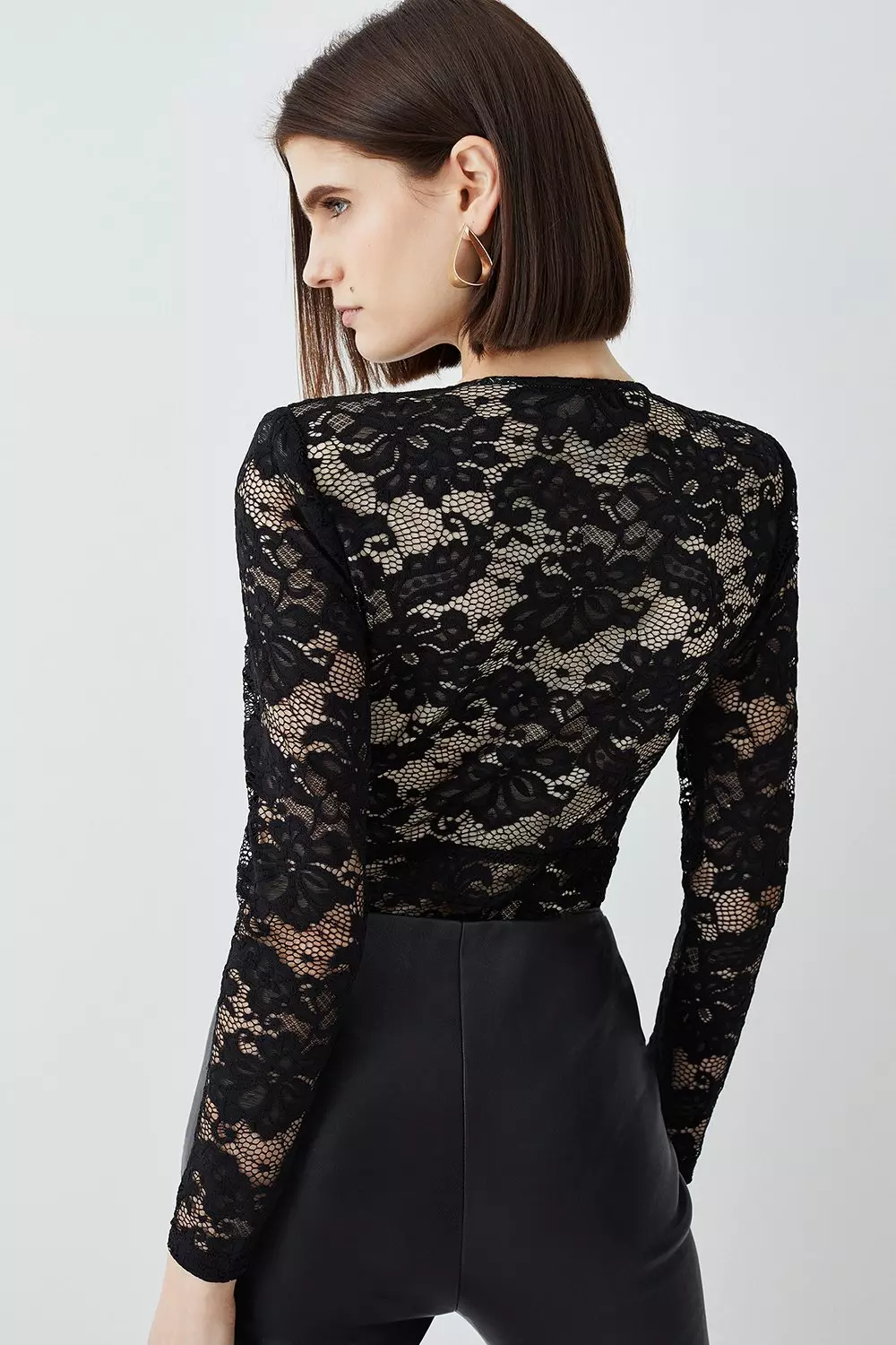 Lace Bodysuit in black with V neck & back - Lida