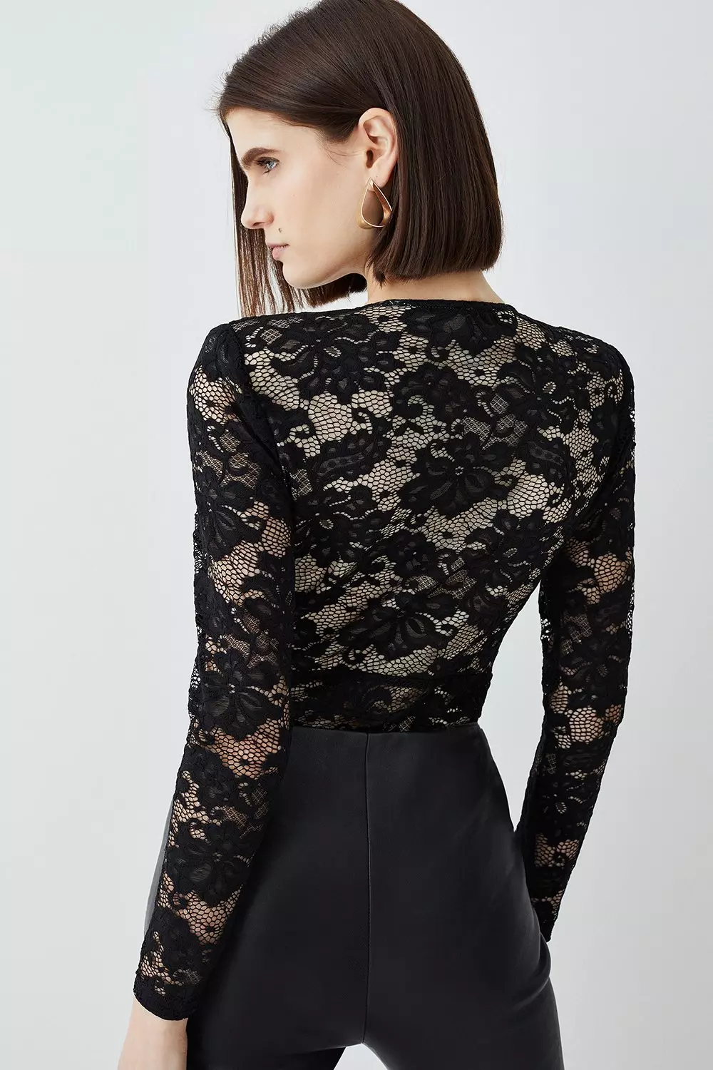 Black Lace Long Sleeve Bodysuit, Tops