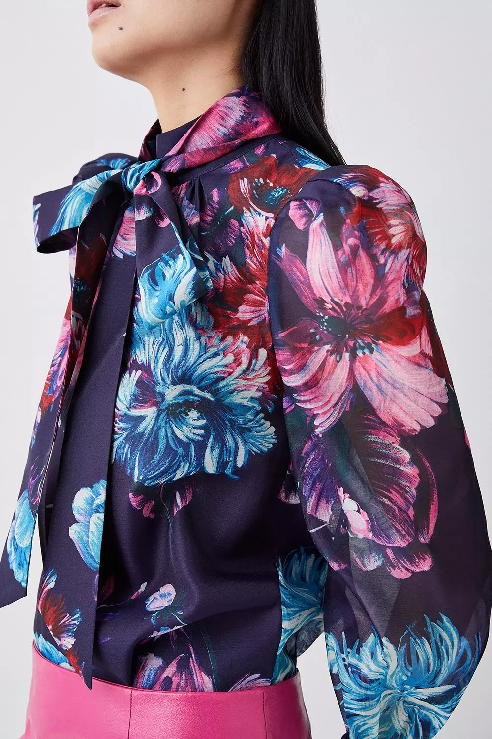 Pressed Floral Organdie Tie Neck Blouse | Karen Millen