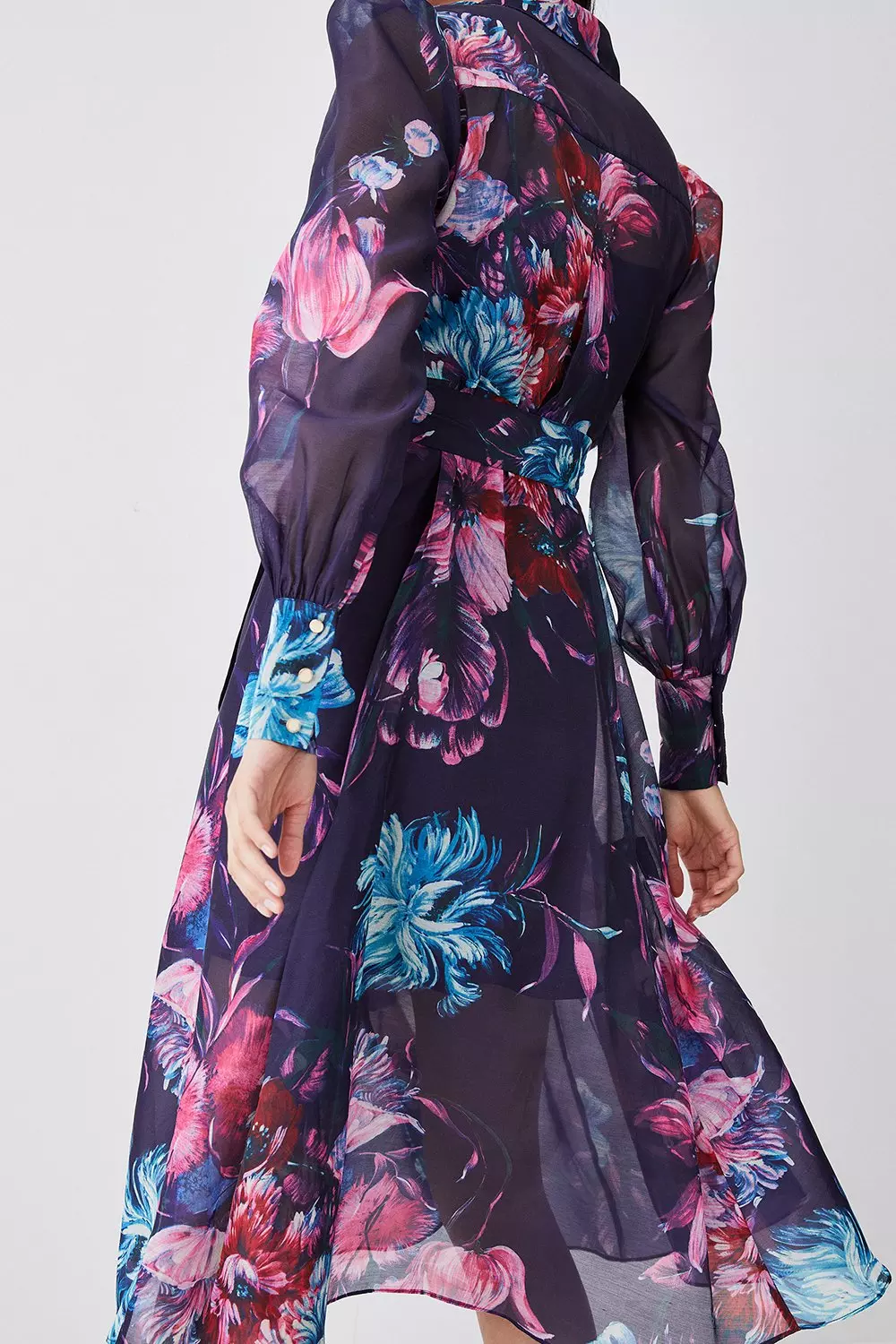 Pressed Floral Organdie Woven Midi Dress | Karen Millen