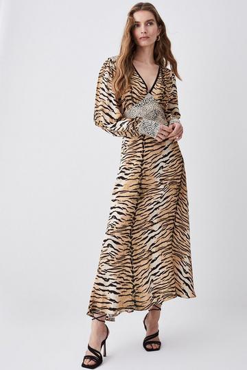 Multi Animal Mixed Print Plunge Neck Woven Midi Dress