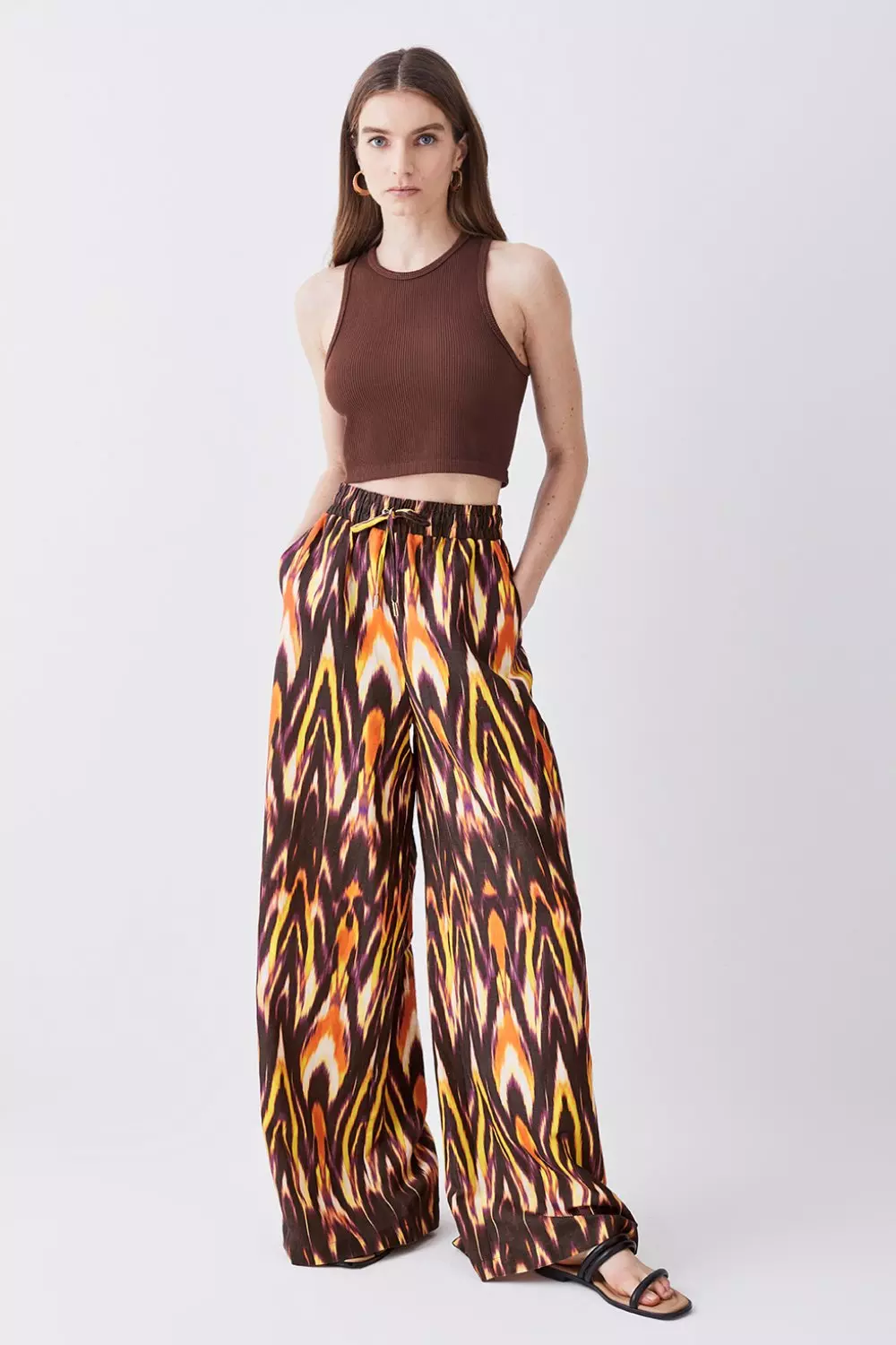 Ikat Printed Linen Wide Leg Woven Trouser