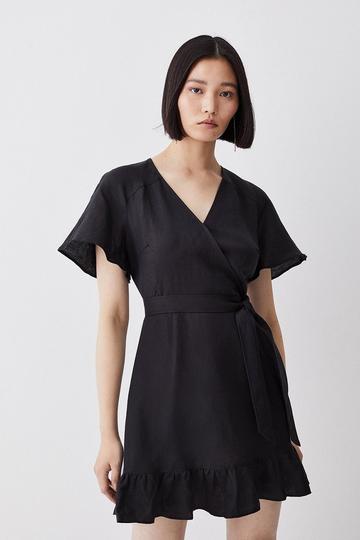 Linen Angel Sleeve Wrap Front Dress black