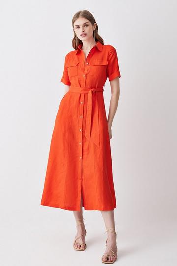 Linen Viscose Woven Midi Shirt Dress orange