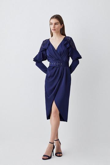Blue Satin And Lace Ruffle Woven Midi Dress