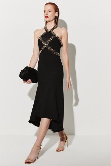 Black Embellished High Low Figure Form Dress