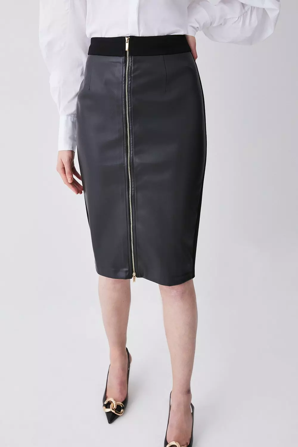 High Waisted Zip Through Ponte And Pu Midi Pencil Skirt Karen Millen