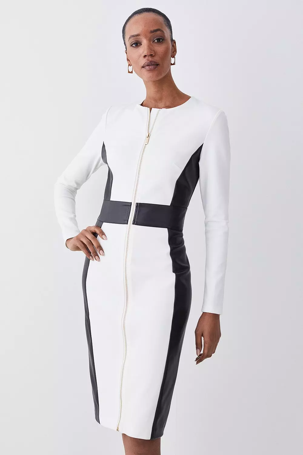 Zip Front Ponte And Pu Long Sleeve Midi Dress