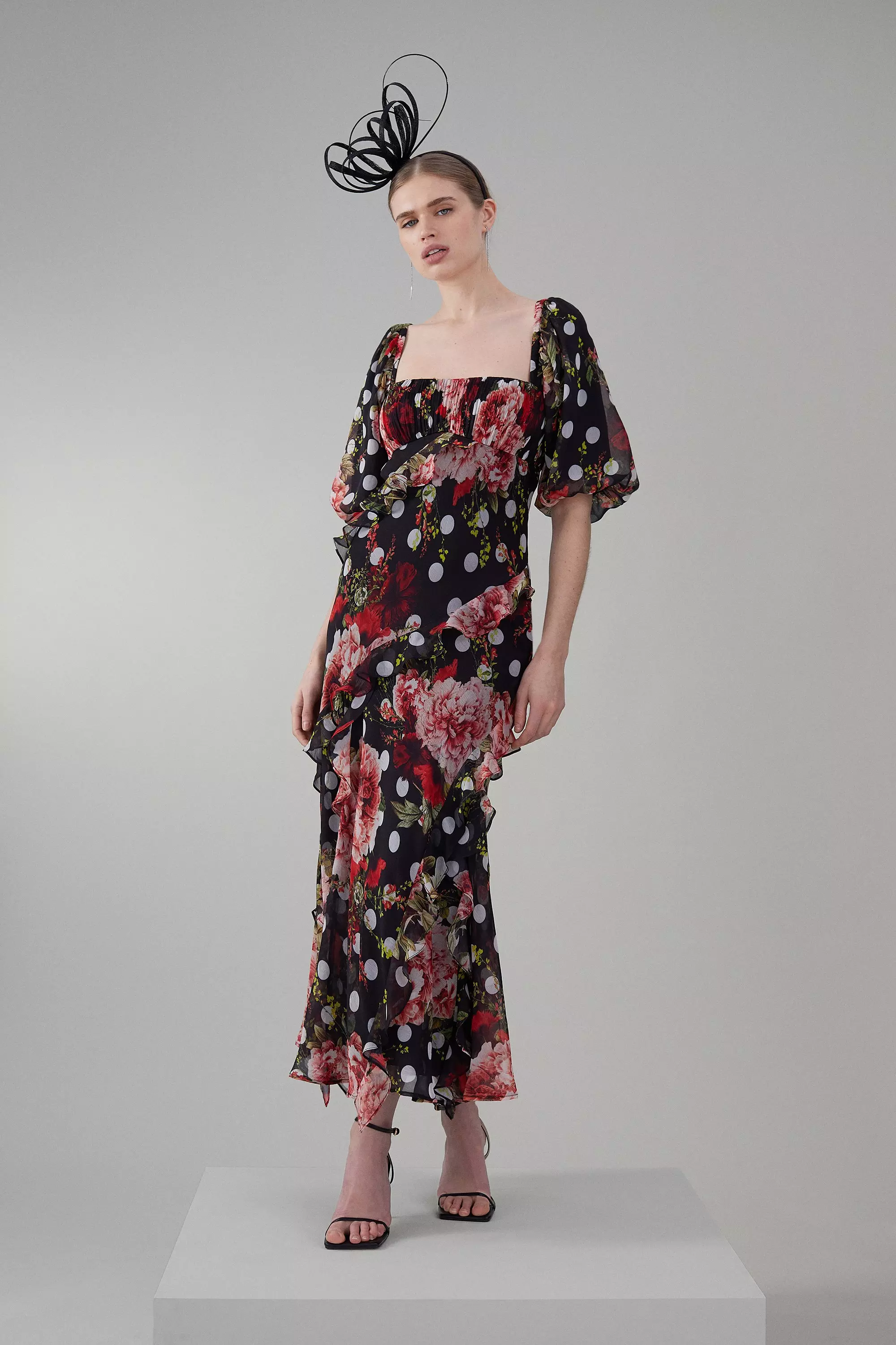 Black floral embroidered chiffon maxi clearance dress