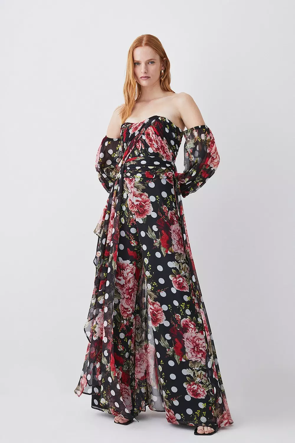 Spot Floral Chiffon Bardot Wide Leg Jumpsuit