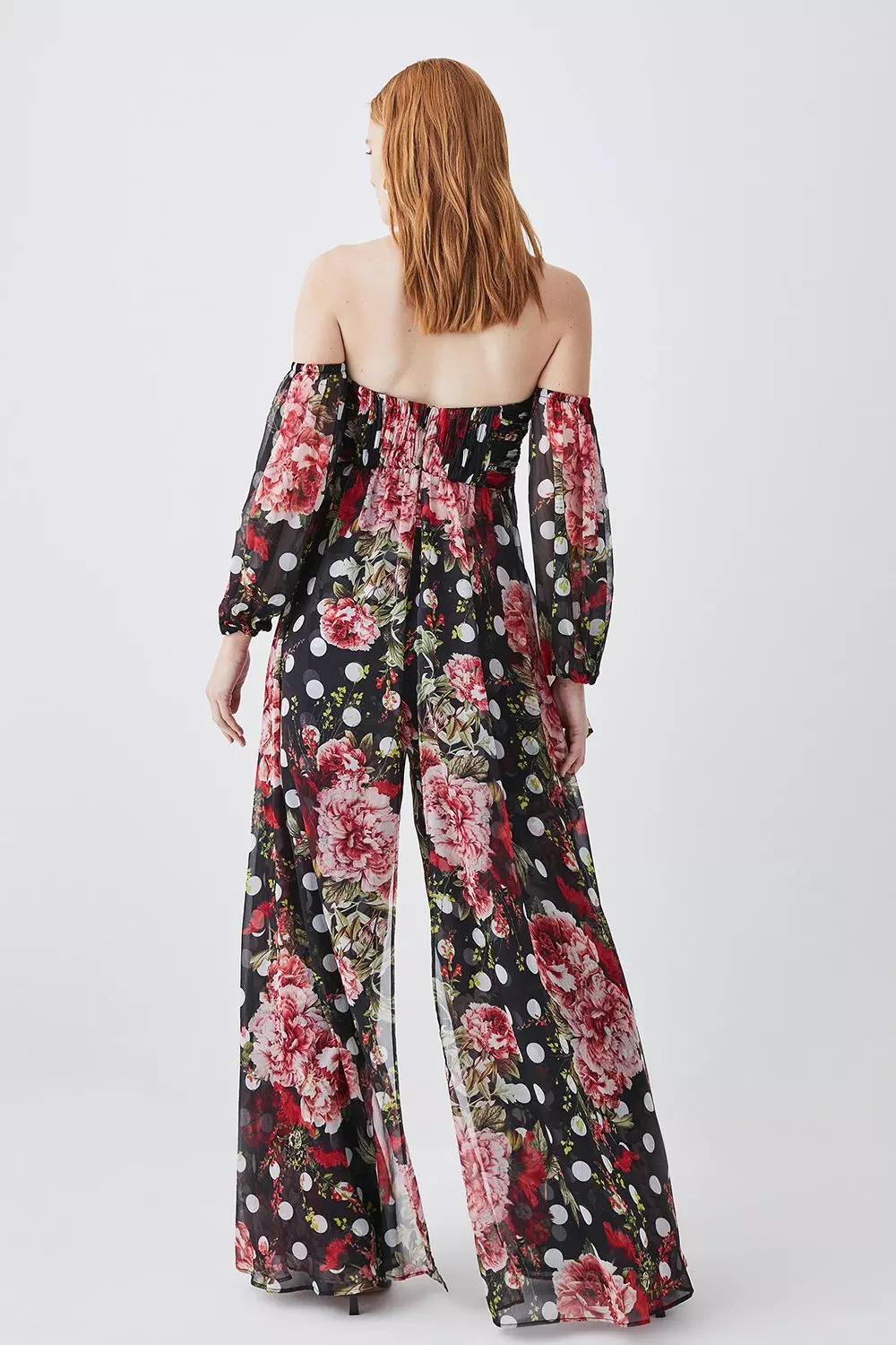 Spot Floral Chiffon Bardot Wide Leg Jumpsuit