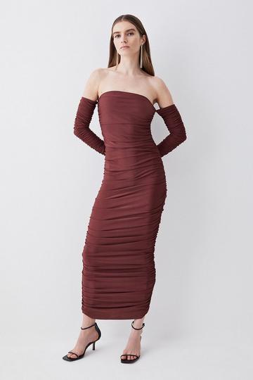 Tall Gathered Slinky Off The Shoulder Maxi Dress chocolate