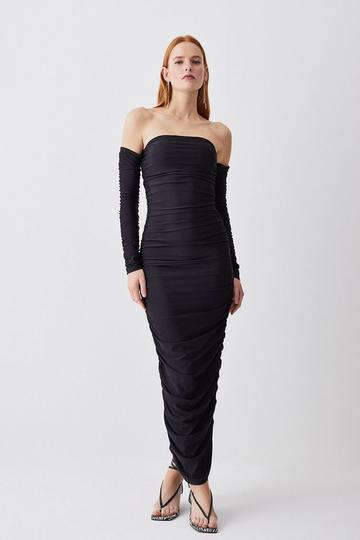 Black Gathered Slinky Off The Shoulder Maxi Dress