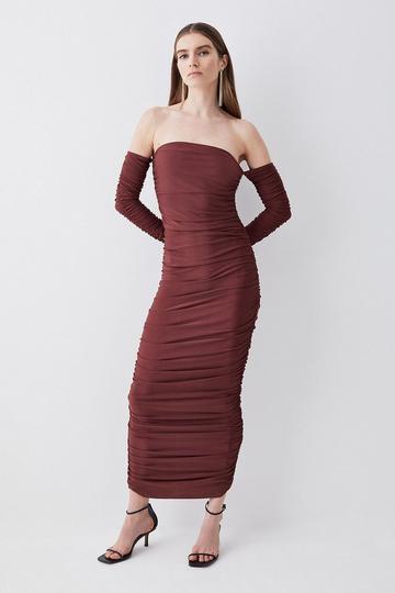 Gathered Slinky Off The Shoulder Maxi Dress chocolate