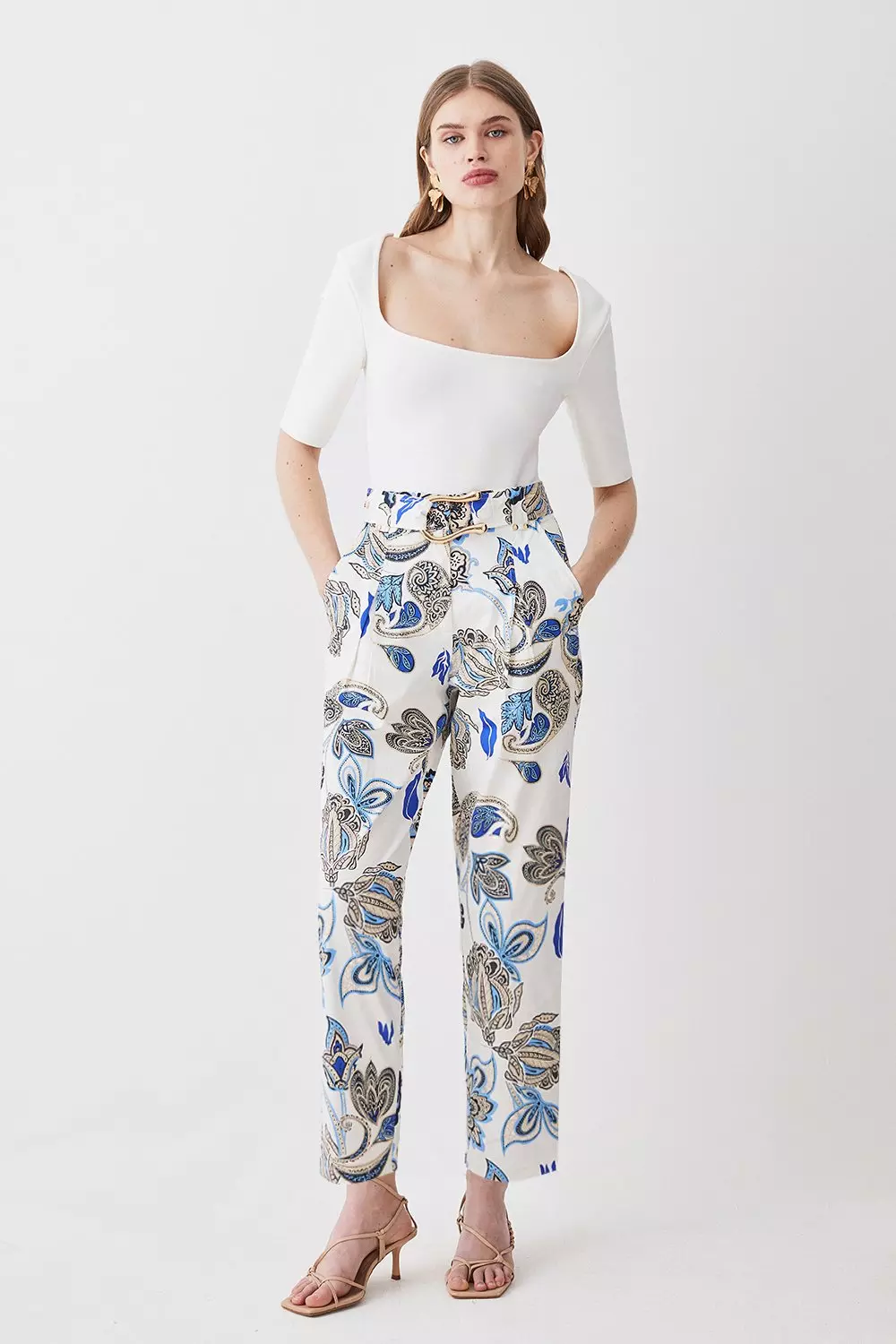 Batik Print Cotton Sateen Belted Pants Karen Millen