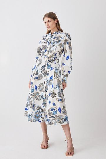 Batik Print Cotton Sateen Midi Shirt Dress floral