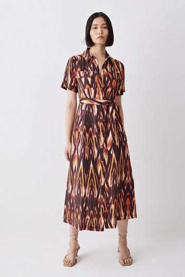 Ikat Print Linen Viscose Woven Midi Shirt Dress multi