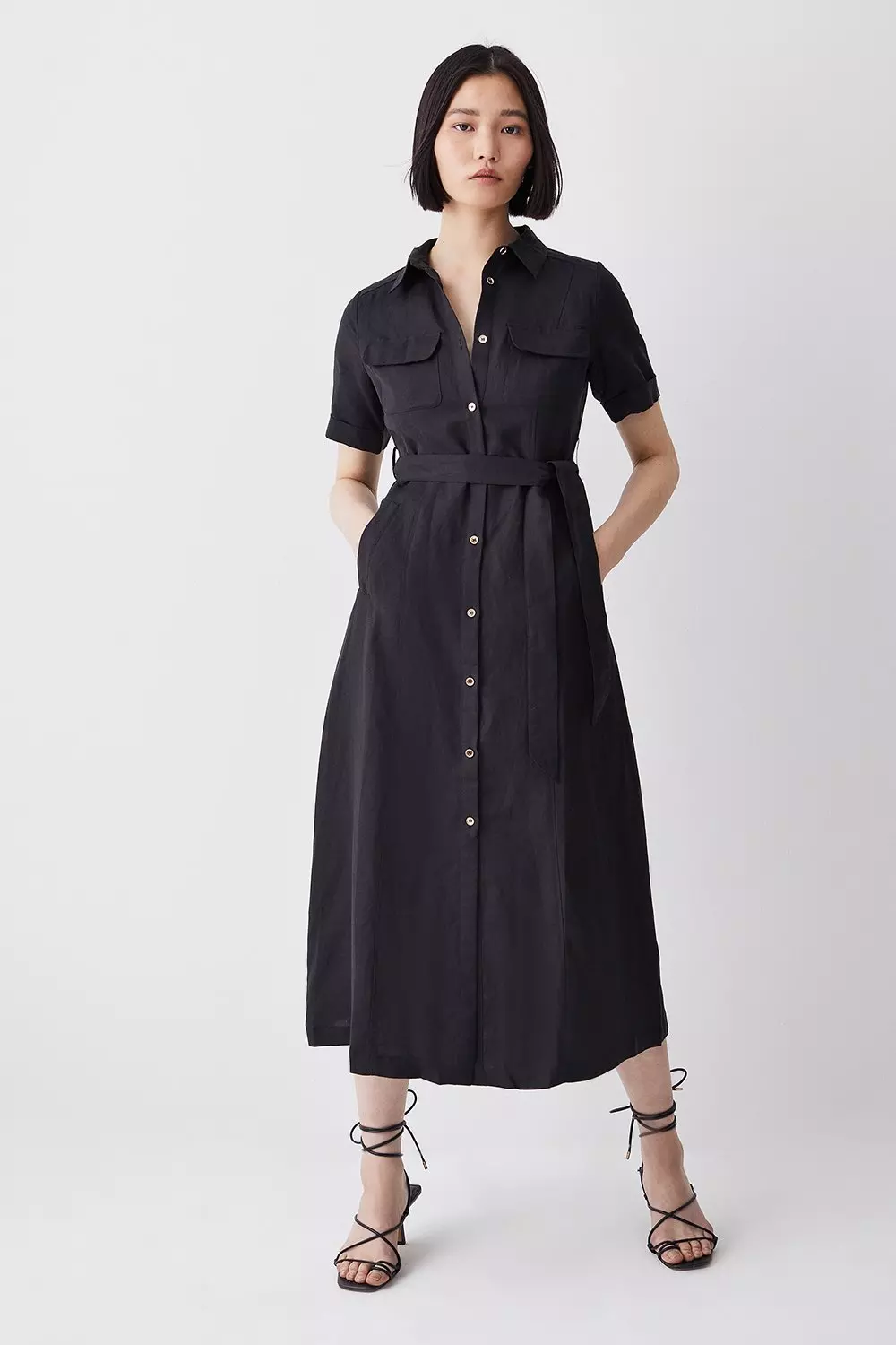 Linen button 2024 down midi dress