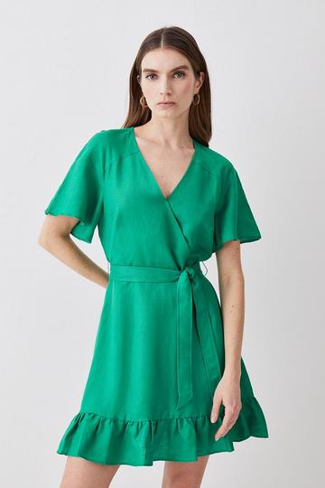 Linen Angel Sleeve Wrap Front Dress green