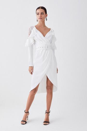 White Petite Satin And Lace Ruffle Woven Midi Dress