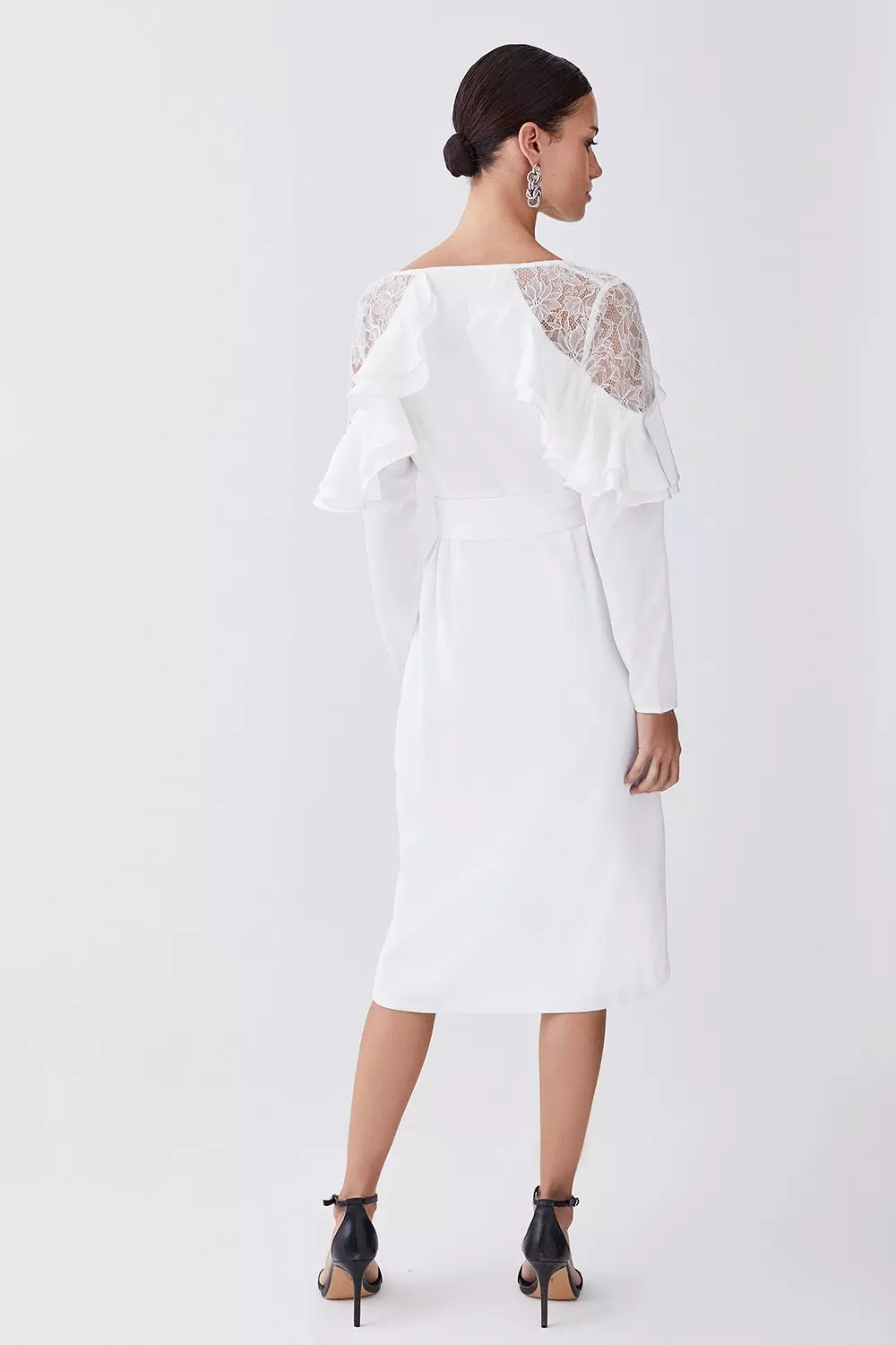 Long sleeve white lace midi clearance dress