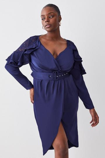 Plus Size Satin And Lace Ruffle Woven Midi Dress blue
