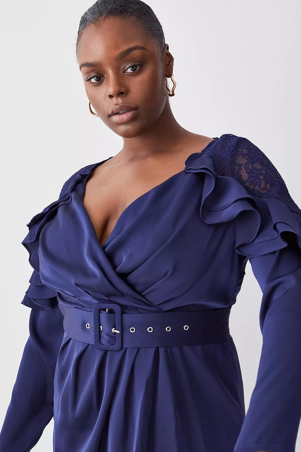 Blue ruffle best sale midi dress