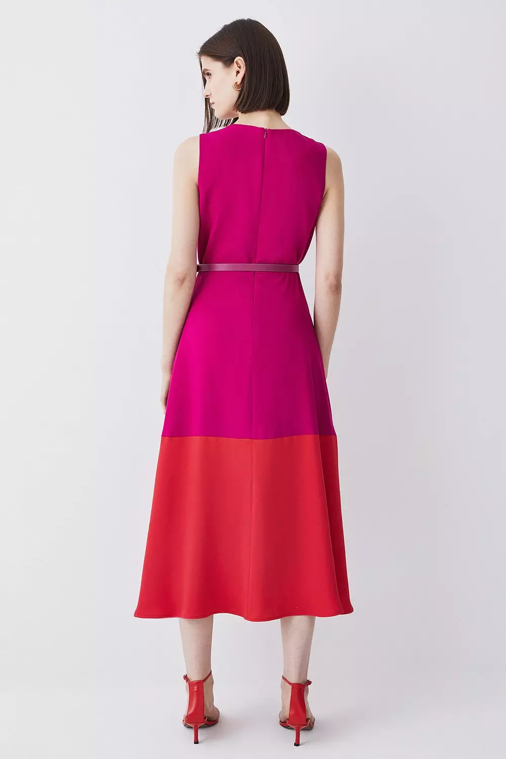 Soft Tailored Full Skirt Belted Colour Block Midi Dress | Karen Millen