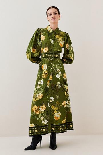 Multi Lydia Millen Petite Floral Belted Woven Midi Shirt Dress