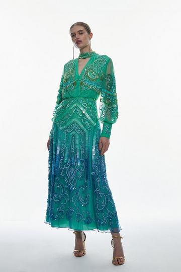 Ombre Sequin And Embroidered Maxi Dress green