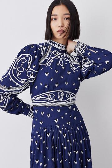 Navy Embroidered Cornelli Tape Woven Dress