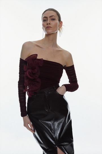 Ponte And Mesh Rouched Organza Frill Off The Shoulder Top chocolate