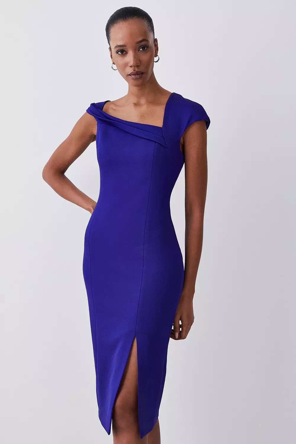 Italian Structured Satin Tailored Asymmetric Pencil Midi Dress